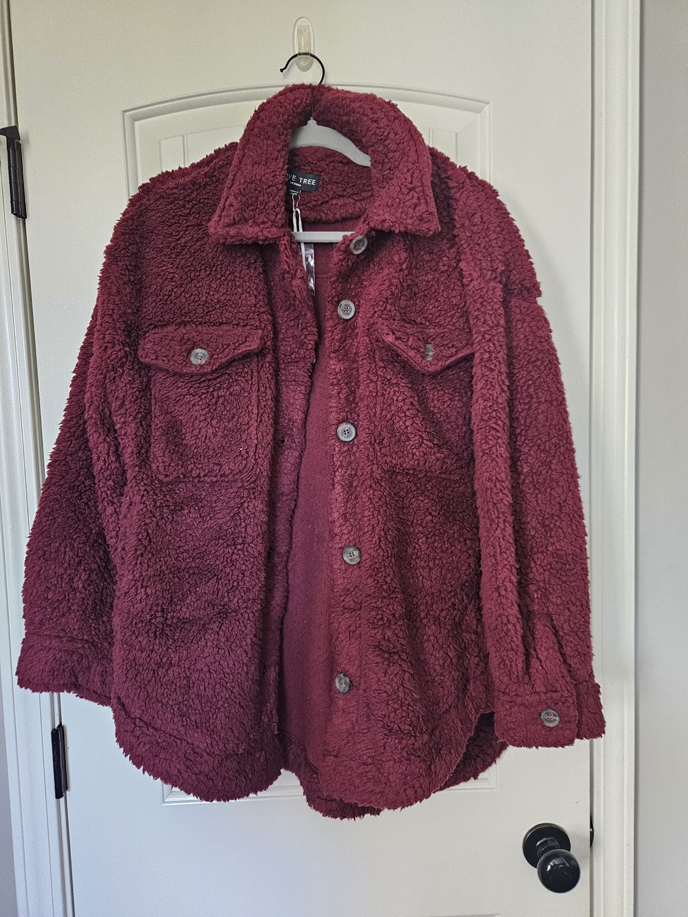 Love Tree Sherpa Button-Up Jacket - Burgundy